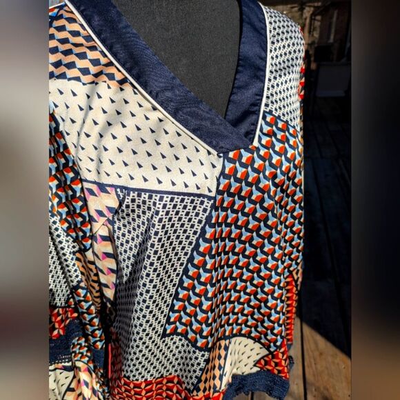 Silky Geometric Patchwork Blouse Crochet accents- Skies Are Blue, Size M - Picture 4 of 9